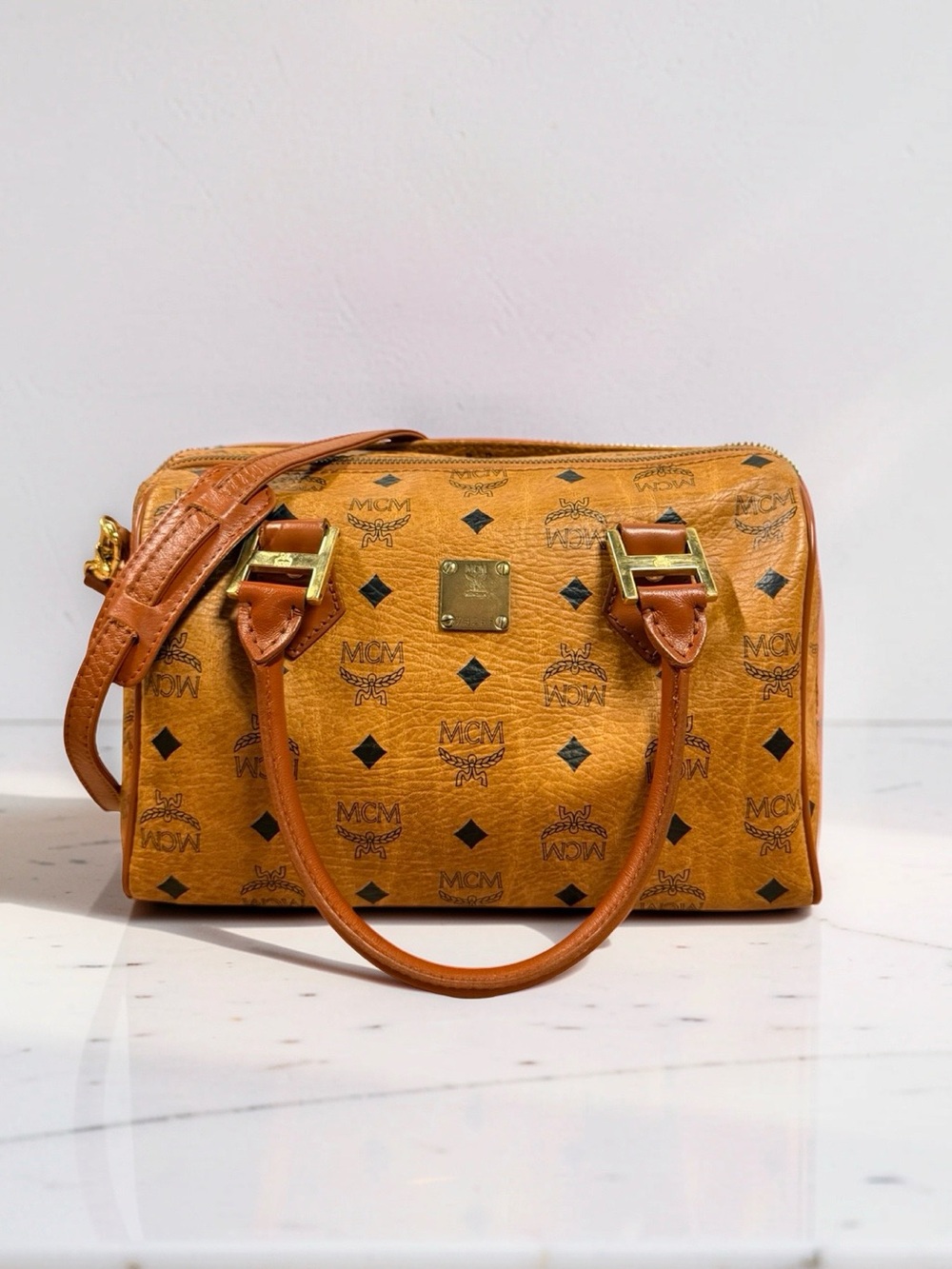 MCM Vintage Visetos Cognac Boston Bag Gold Hardware Crossbody Satchel 7926P